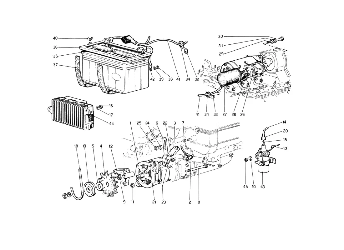 Ferrari 512 BB (Carburetor) Alternator, Starter And Battery exploded diagram