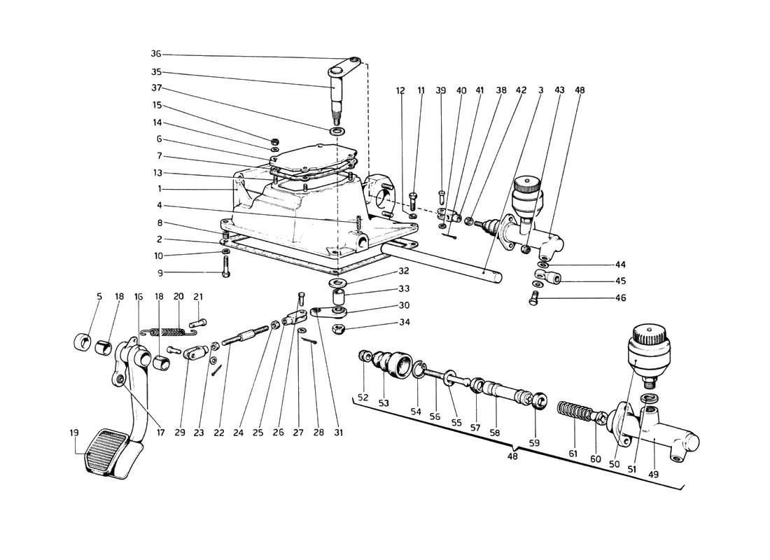 Ferrari 512 BB (Carburetor) Clutch Release Control (For RHD Version) exploded diagram