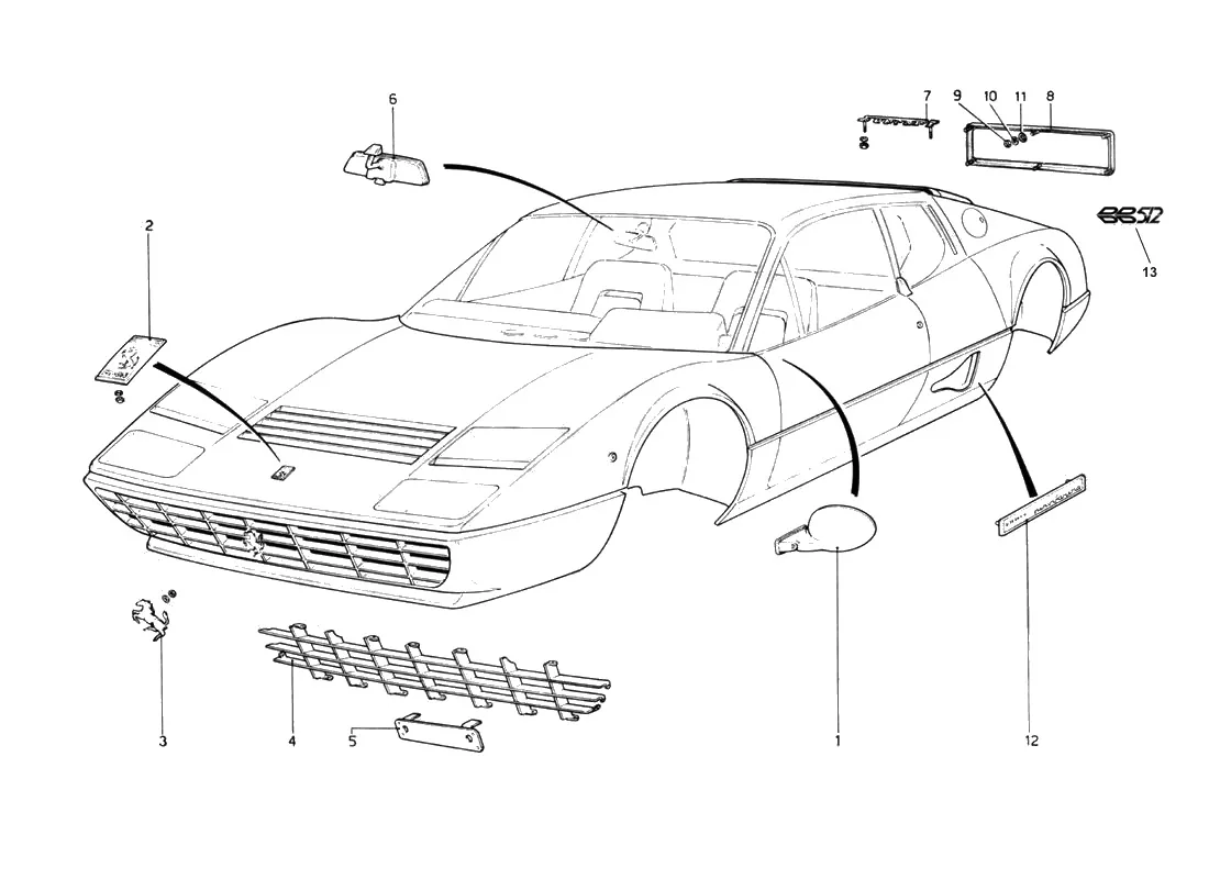 Ferrari 512 BB (Carburetor) Body Mouldings, Badges And Grill exploded diagram