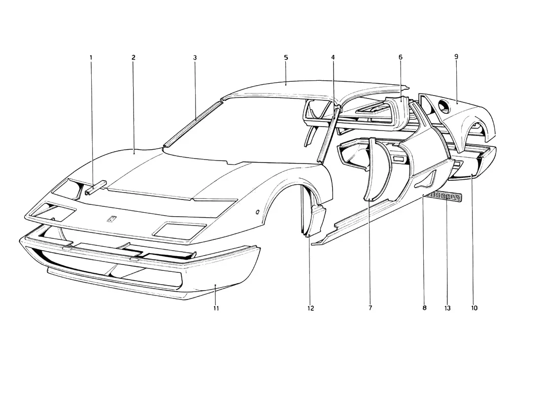 Ferrari 512 BB (Carburetor) Body Shell - Outer Elements exploded diagram