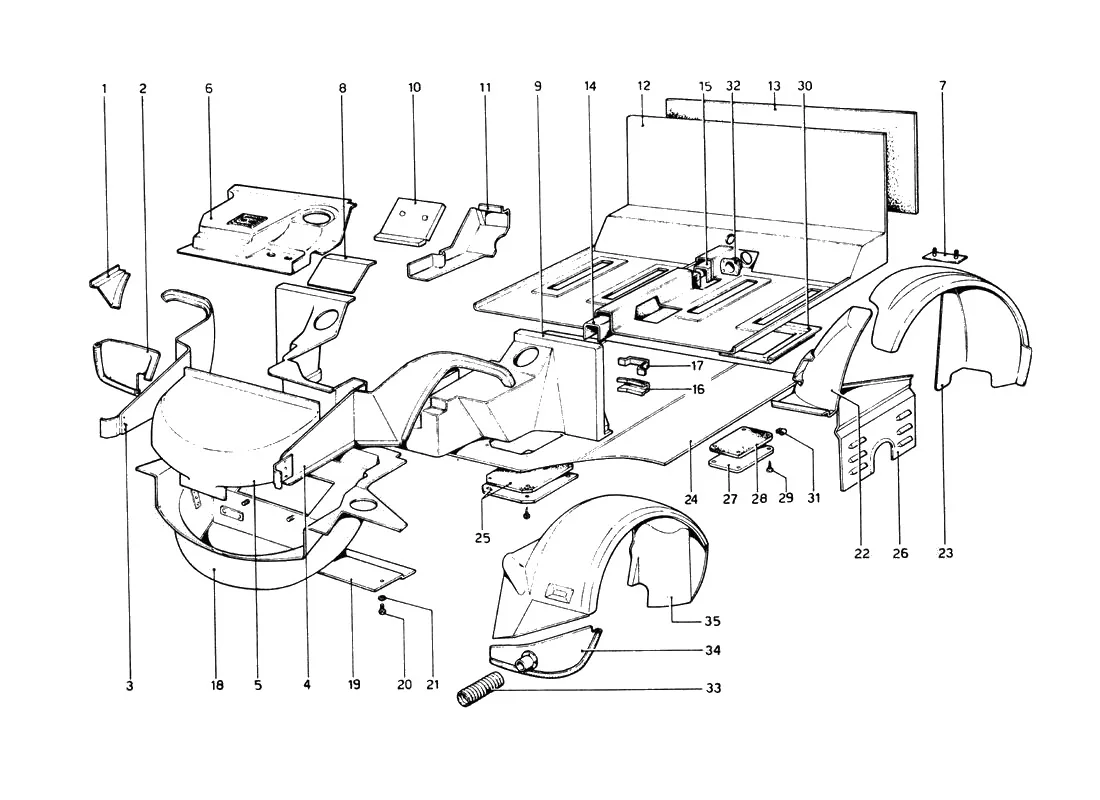 Ferrari 512 BB (Carburetor) Body Shell - Inner Elements Lower exploded diagram