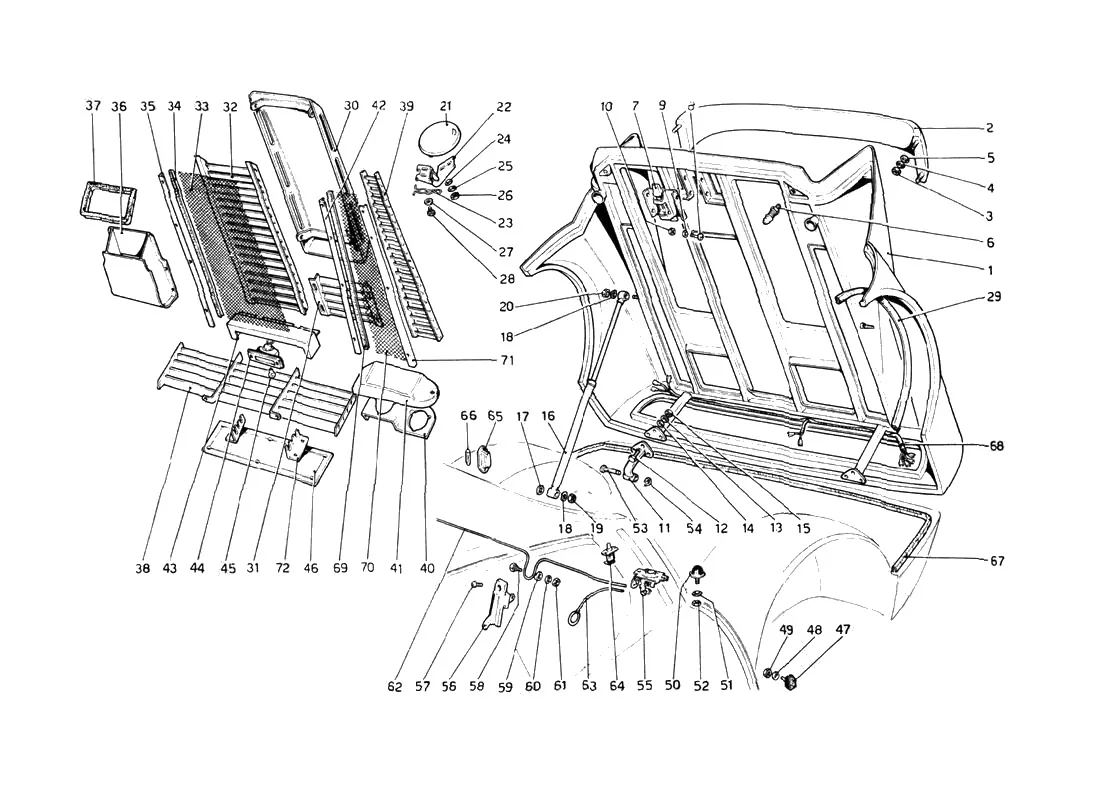 Ferrari 512 BB (Carburetor) Rear Bonnet exploded diagram