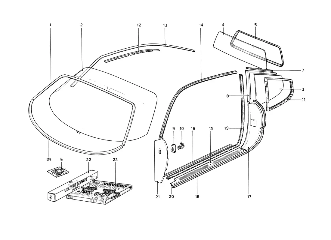 Ferrari 512 BB (Carburetor) Fixed Glass exploded diagram