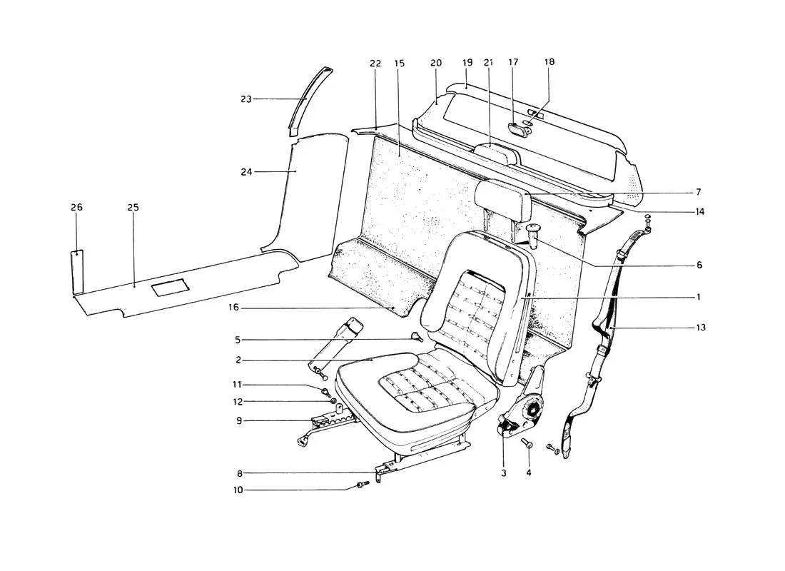Ferrari 512 BB (Carburetor) Interior Trim, Accessories And Seats exploded diagram