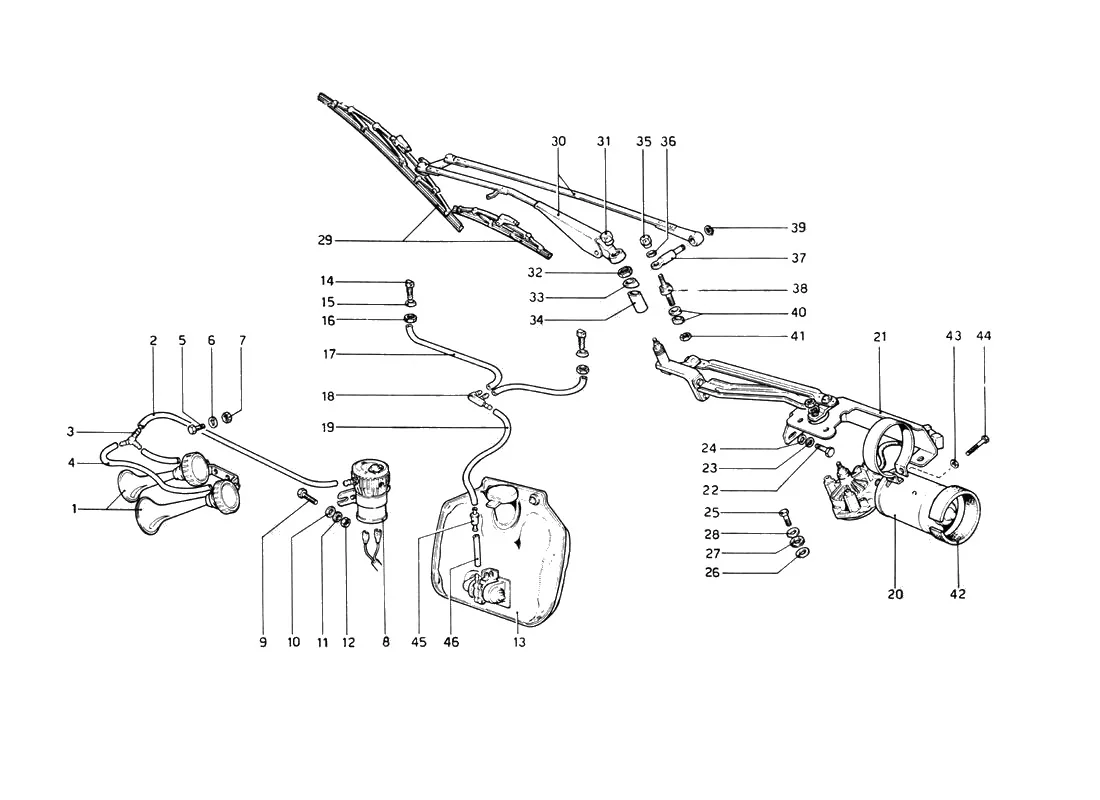 Ferrari 512 BB (Carburetor) Windshield Wipers, Washer And Horns exploded diagram