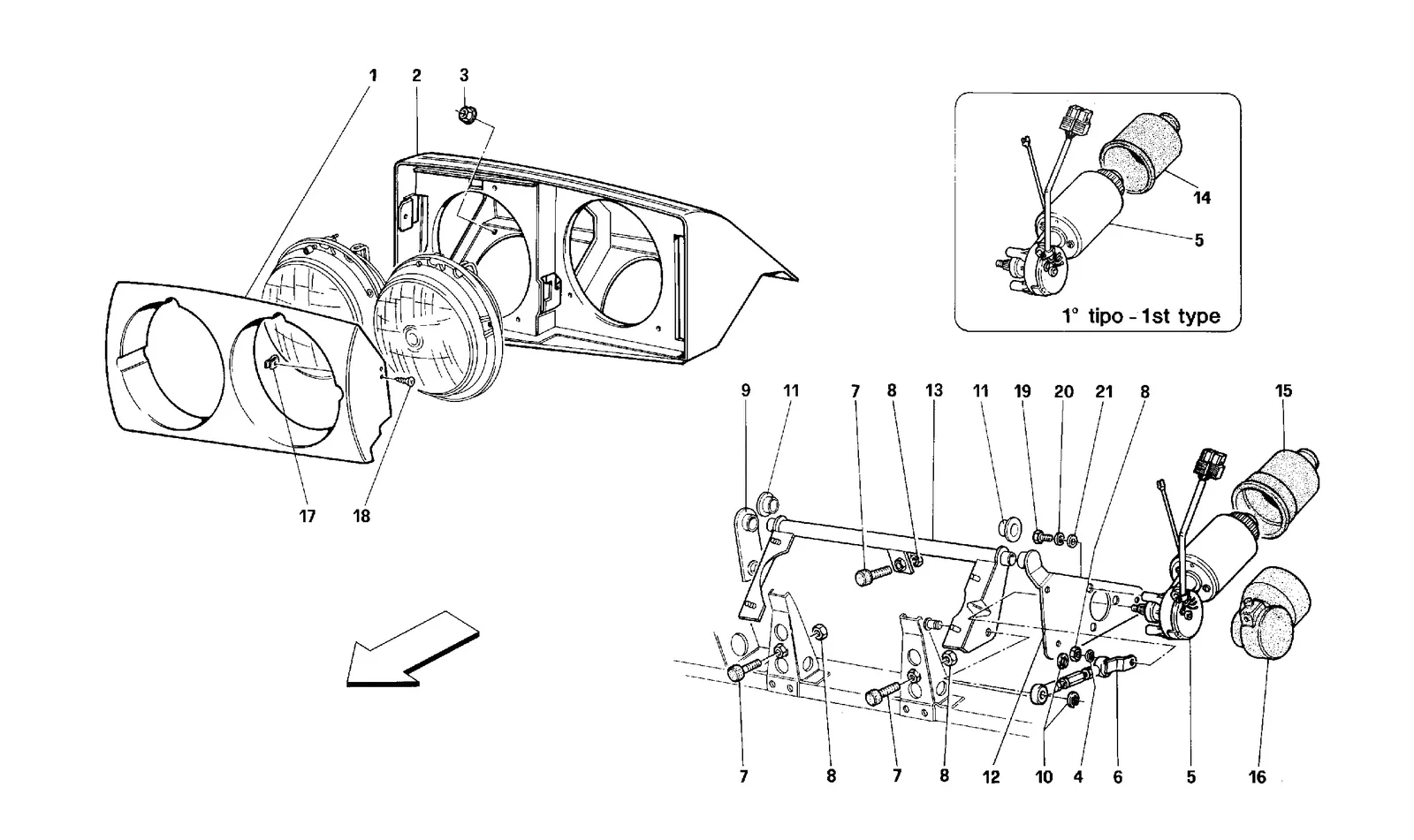 Ferrari 512 TR Front Headlight Lifting Device exploded diagram