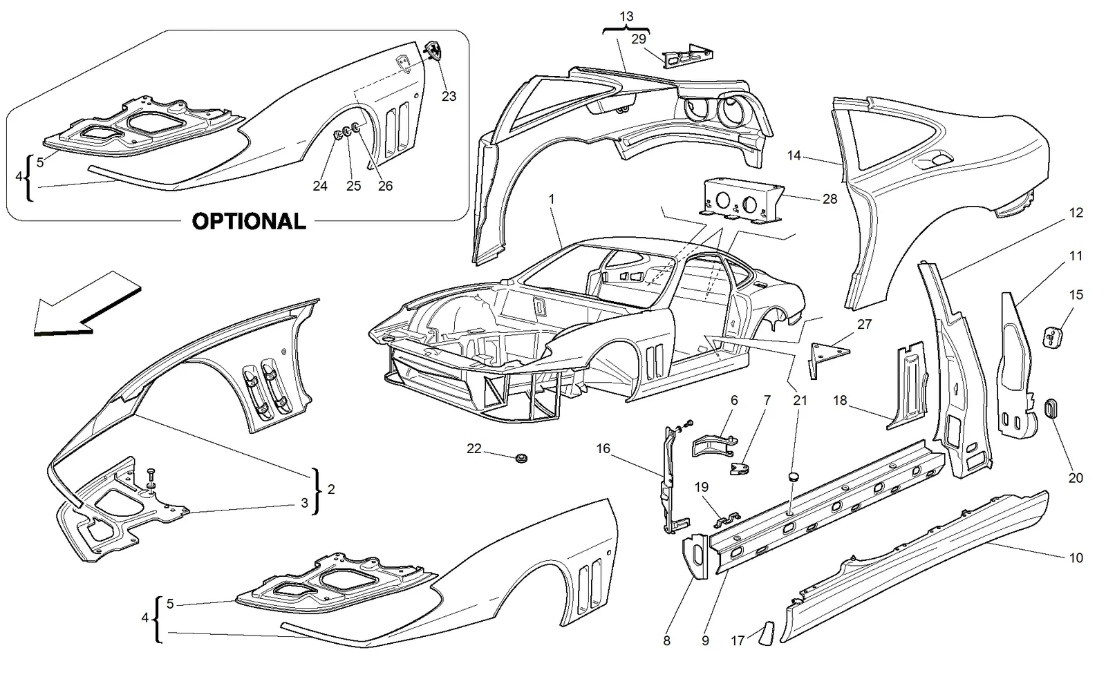 Ferrari 575M Maranello Body - Outer Trims exploded diagram