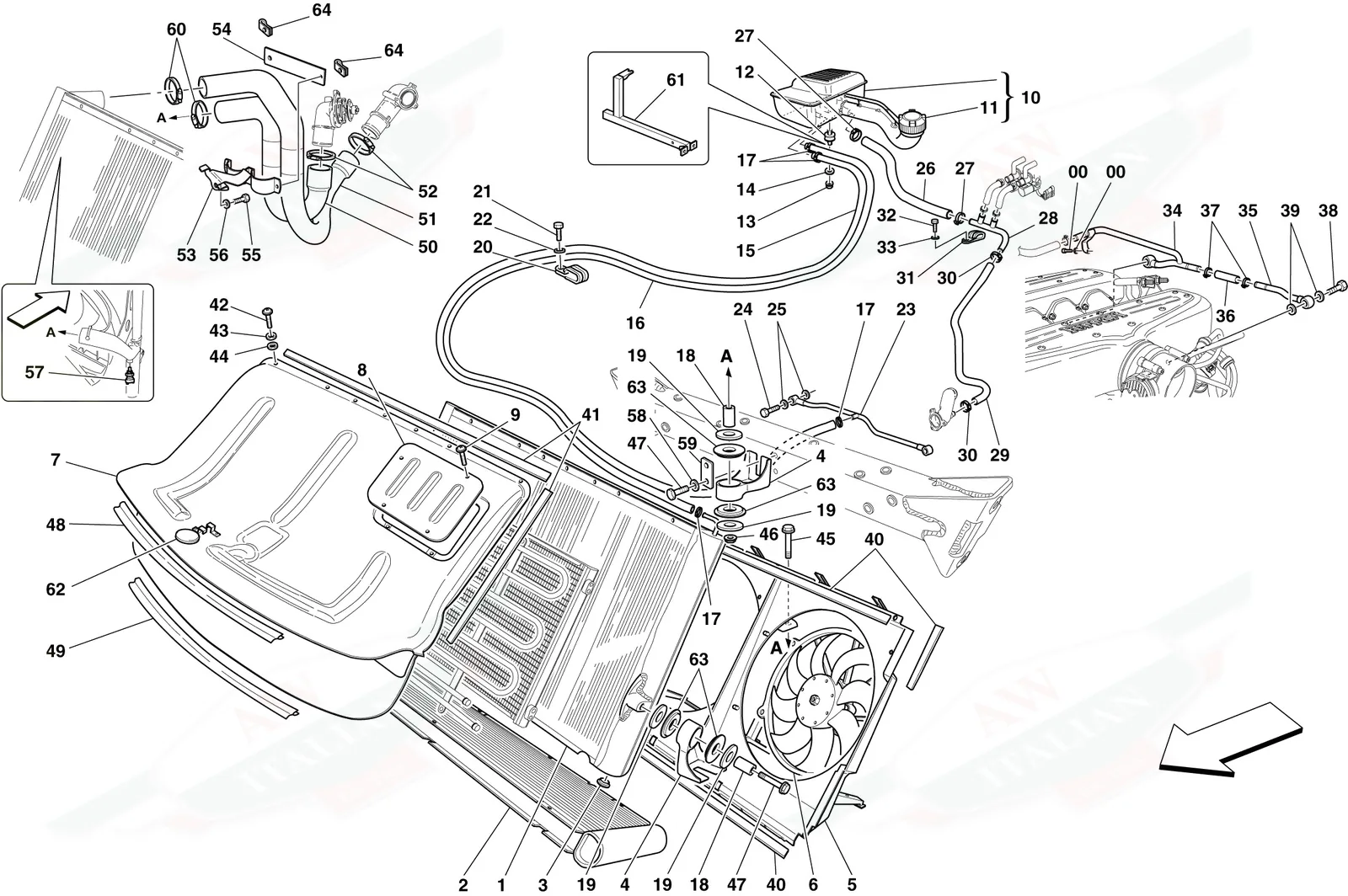 Ferrari 599 GTB Fiorano Cooling System - Radiator And Header Tank exploded diagram