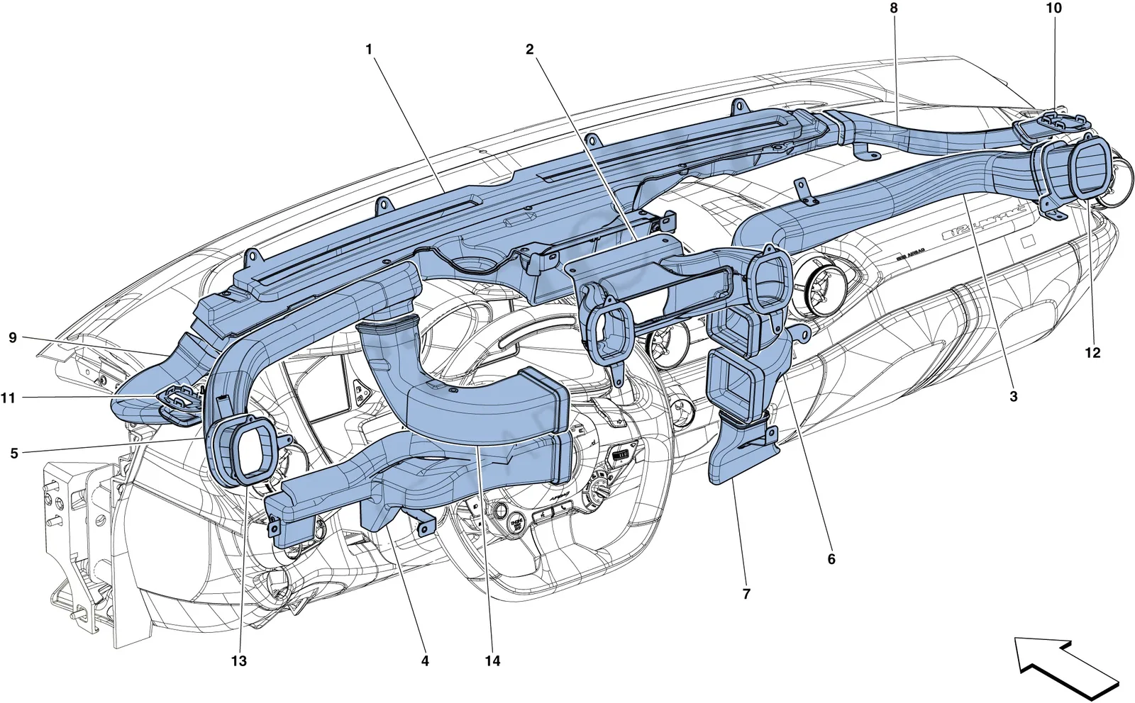 Ferrari 812 Superfast Dashboard Air Ducts exploded diagram