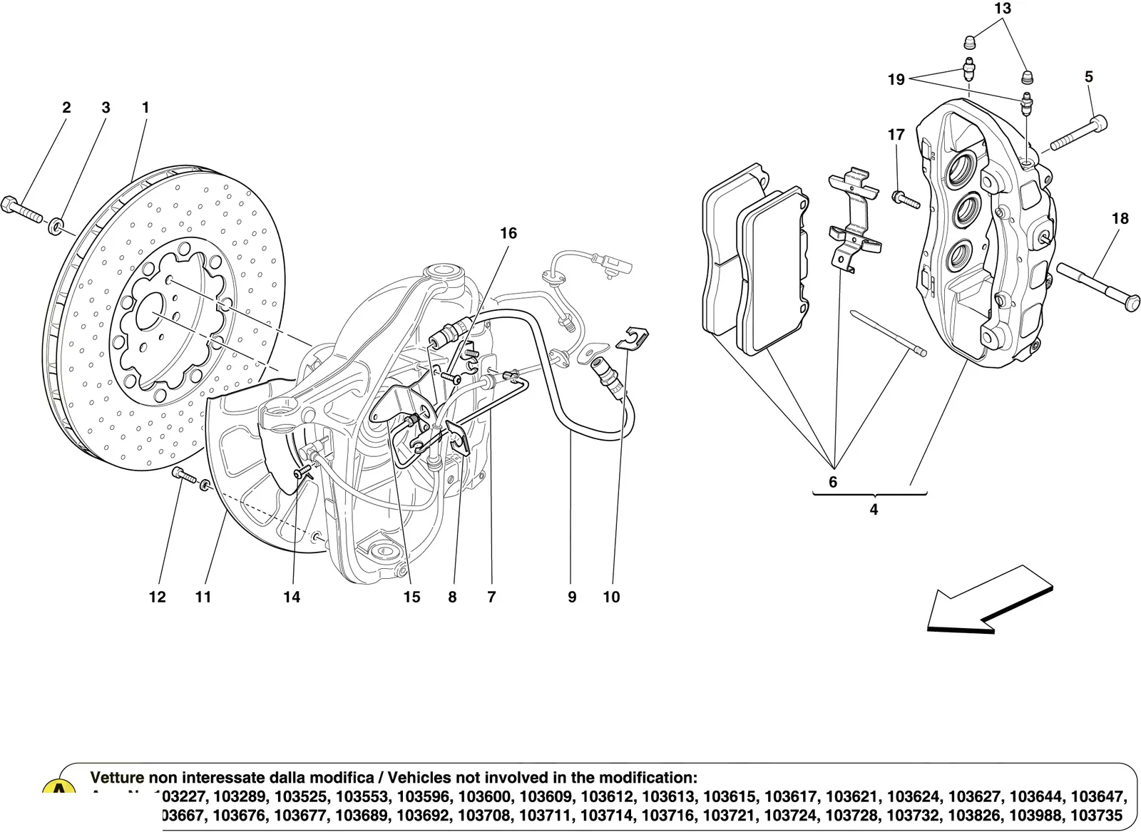 Ferrari California Front Wheel Brake System Components exploded diagram