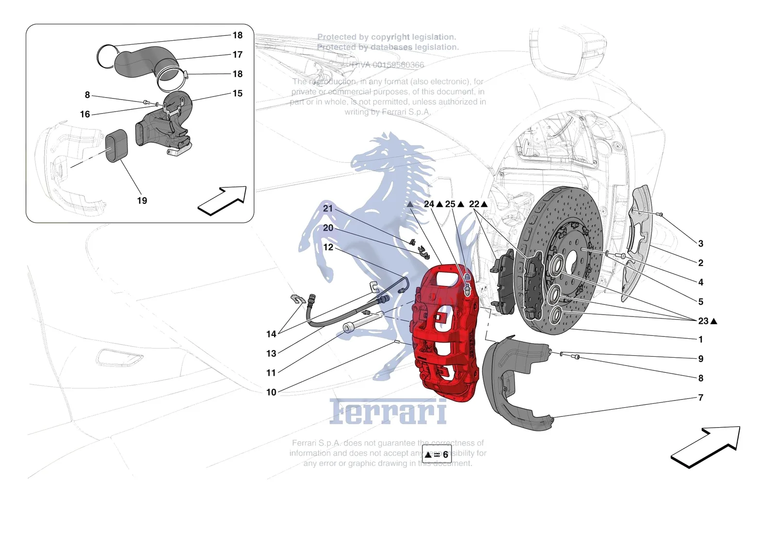 Ferrari Daytona SP3 [MECHANICAL SYSTEM] - D.25.03 - FRONT SUSPENSION - CALIPERS AND DISCS exploded diagram