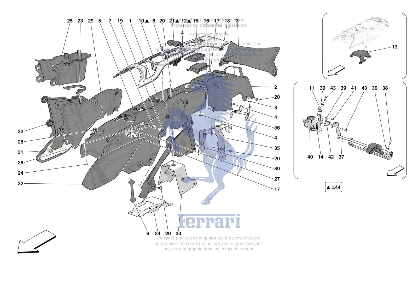 Ferrari Daytona SP3 [VEHICLE TRIM] - E.48 - CENTRE TUNNEL AND CONSOLE exploded diagram