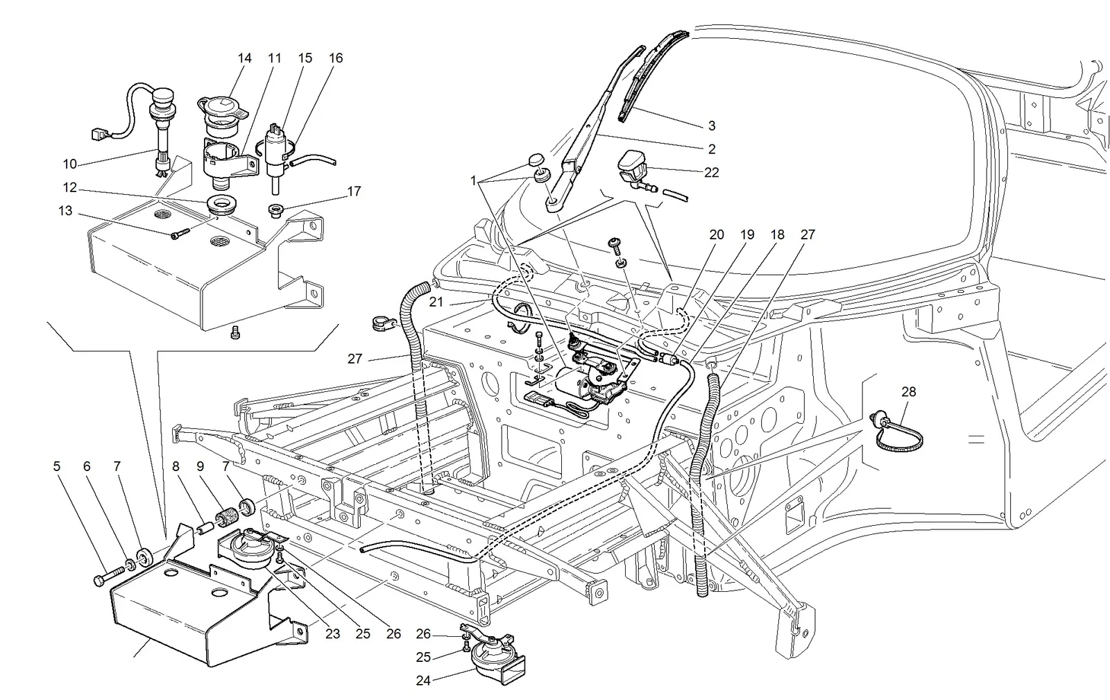 Windshield, Glass Washer And Horns