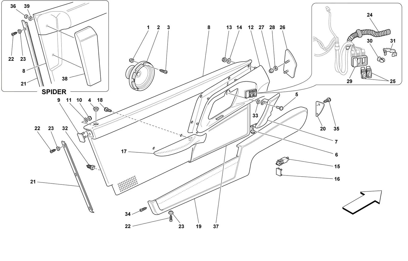 Ferrari F355 B/GTS/Spider Mo. 2.7 Doors - Inner Trims exploded diagram