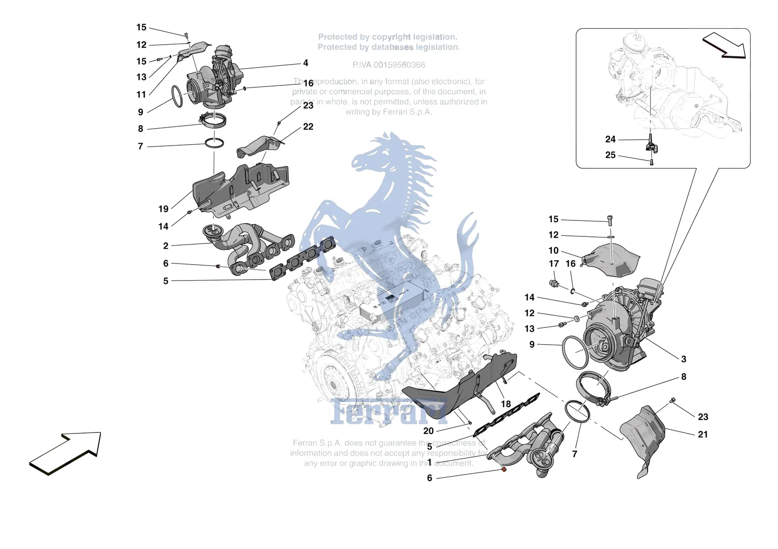 Ferrari F8 Tributo [ENGINE] - B.22 - FORCED INDUCTION SYSTEM TURBOCHARGERS AND MOUNTS exploded diagram