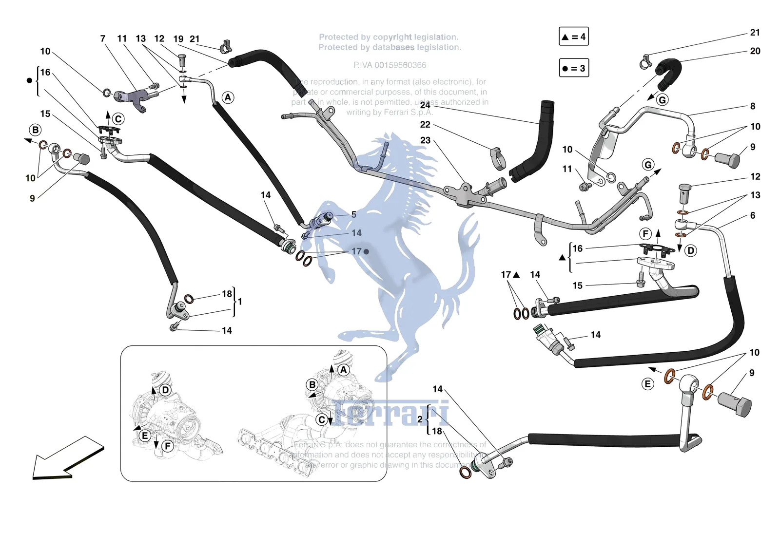 Ferrari F8 Tributo [ENGINE] - B.23 - FORCED INDUCTION SYSTEM PIPES exploded diagram