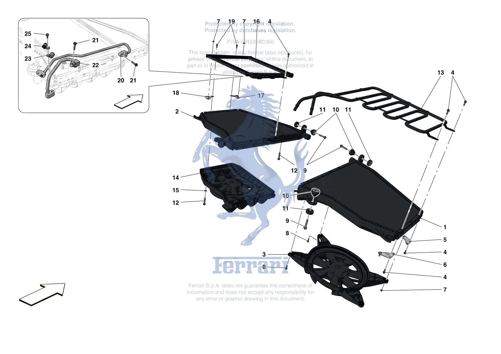 Ferrari F8 Tributo [MECHANICAL SYSTEM] - D.14 - ENGINE COOLING SYSTEM RADIATORS exploded diagram