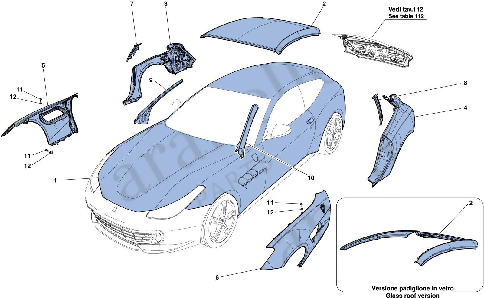Ferrari GTC4 Lusso Bodyshell - External Trim exploded diagram