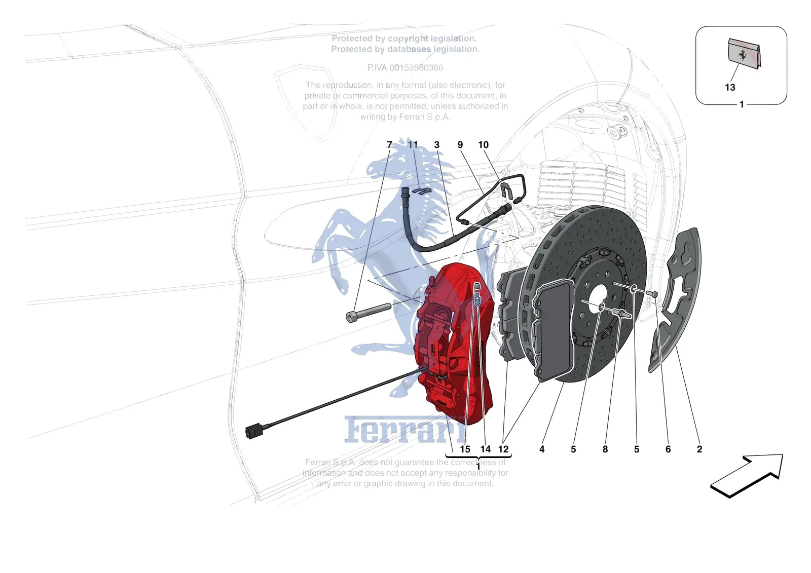 Ferrari Portofino M [MECHANICAL SYSTEM] - D.25.03 - FRONT SUSPENSION - CALIPERS AND DISCS exploded diagram