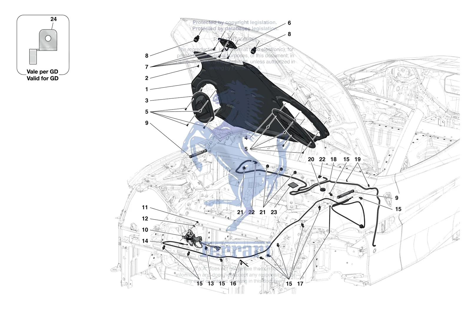Ferrari Portofino M [VEHICLE TRIM] - E.33 - FRONT LID TRIM exploded diagram