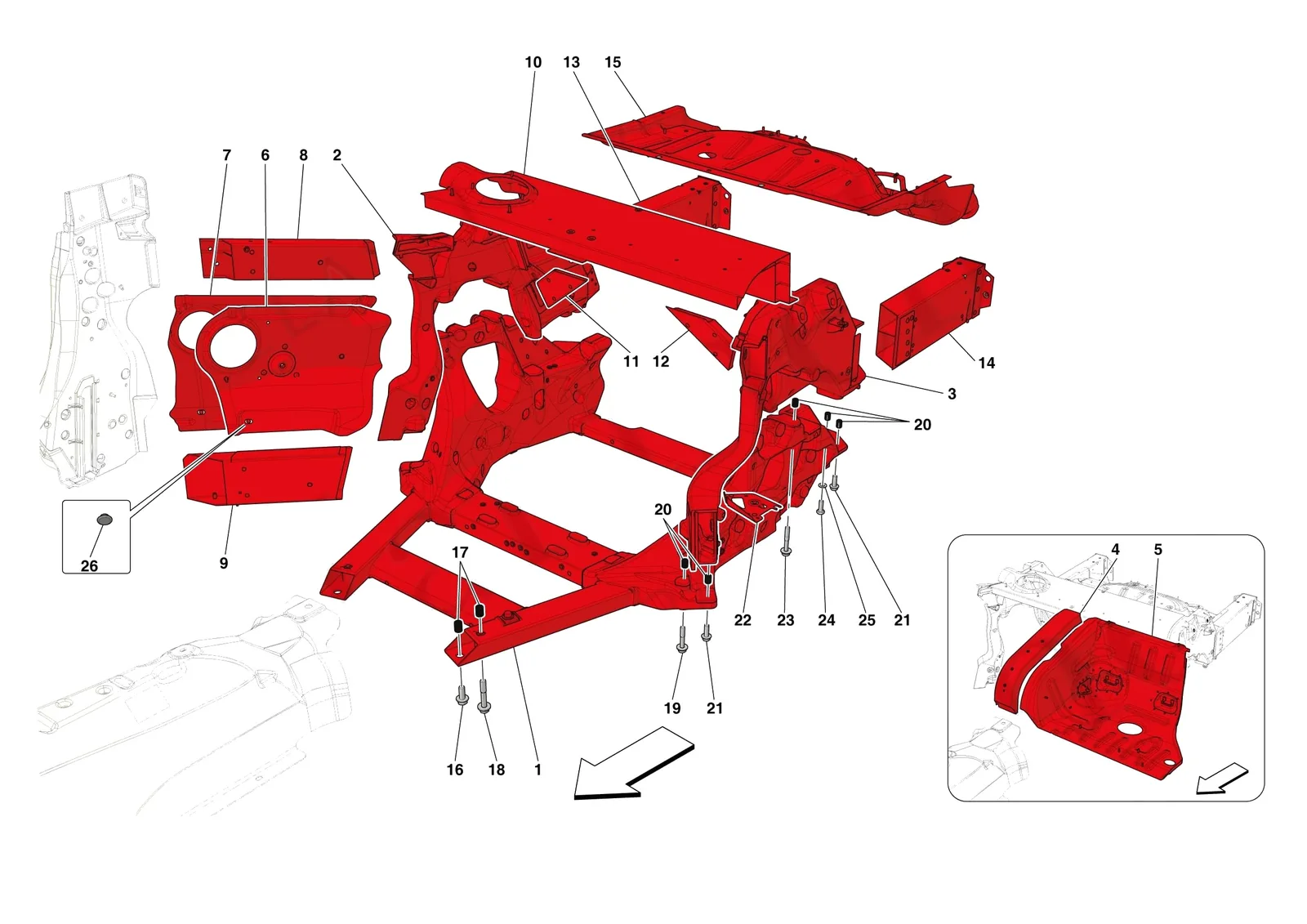 Ferrari Roma [VEHICLE TRIM] - E.01.03 - STRUCTURES AND ELEMENTS REAR OF VEHICLE exploded diagram