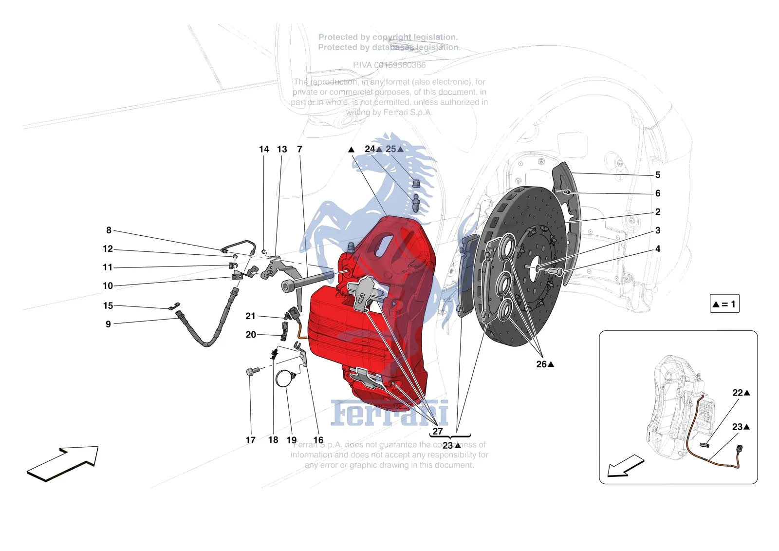 Ferrari SF90 Spider [MECHANICAL SYSTEM] - D.25.03 - FRONT SUSPENSION - CALIPERS AND DISCS exploded diagram