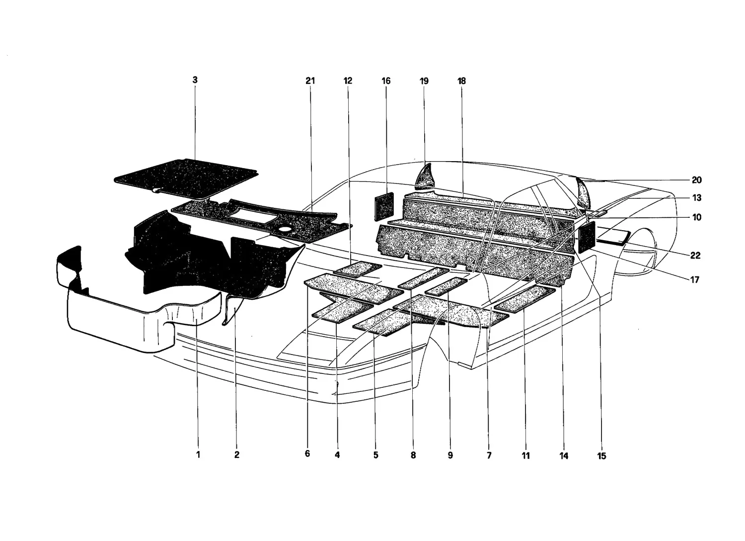 Ferrari Testarossa TR 85 Luggage Compartment Carpet And Insulation Panels exploded diagram