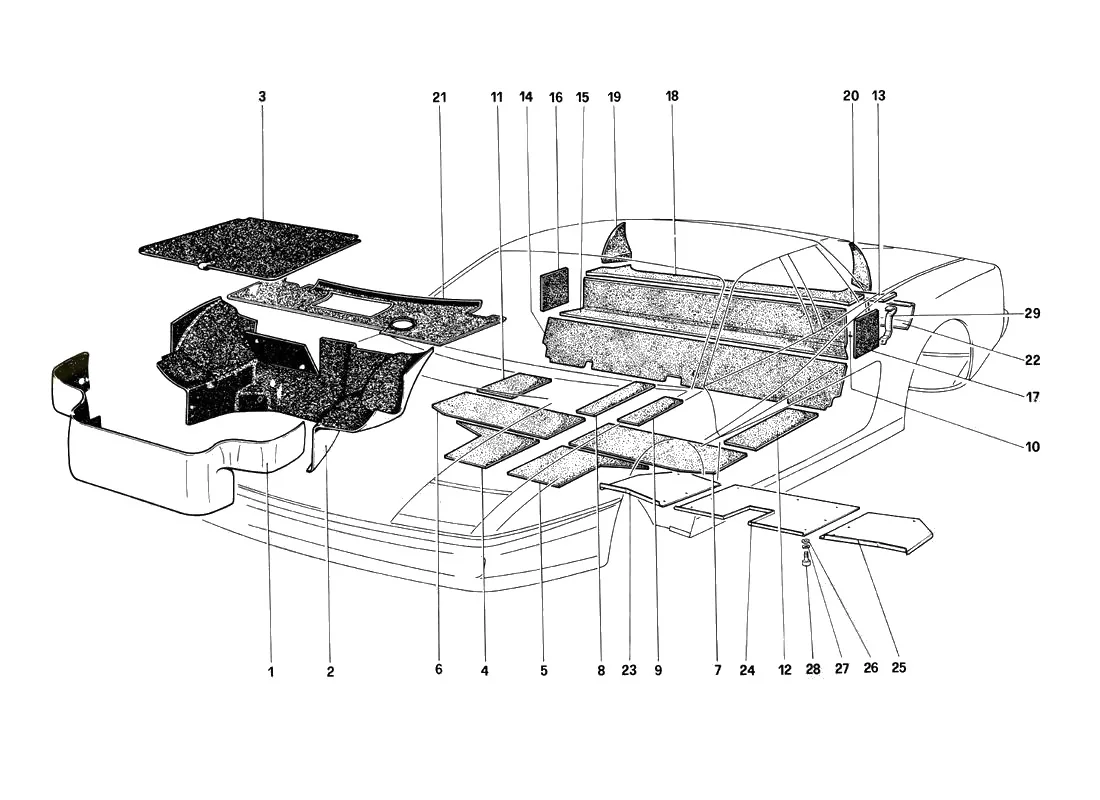 Ferrari Testarossa TR 90 Carpet And Insulation Panels exploded diagram