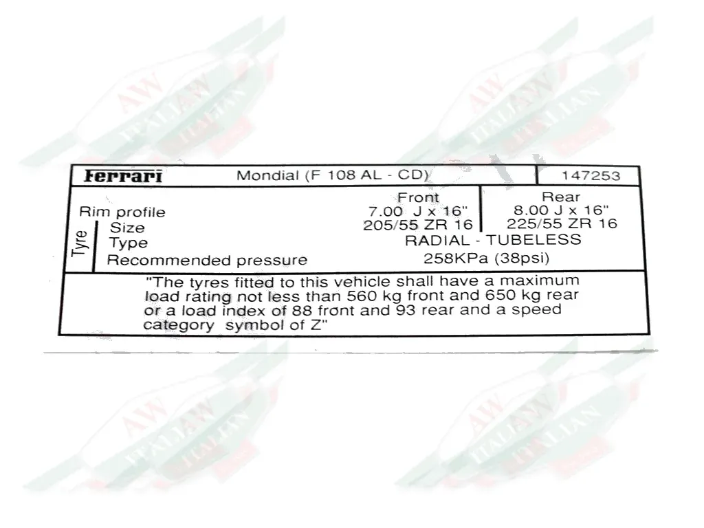 Ferrari Pirelli Tyre Inflation Sticker - 147253