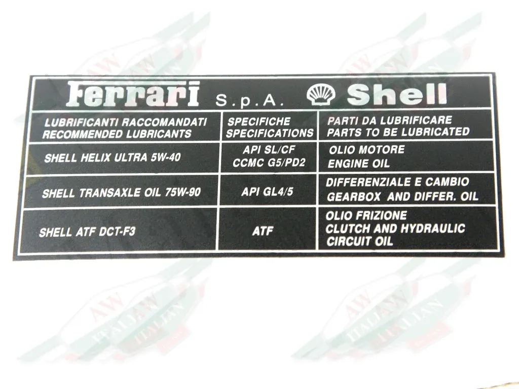 Ferrari Engine/Gearbox Oil Specifications Label - 258125