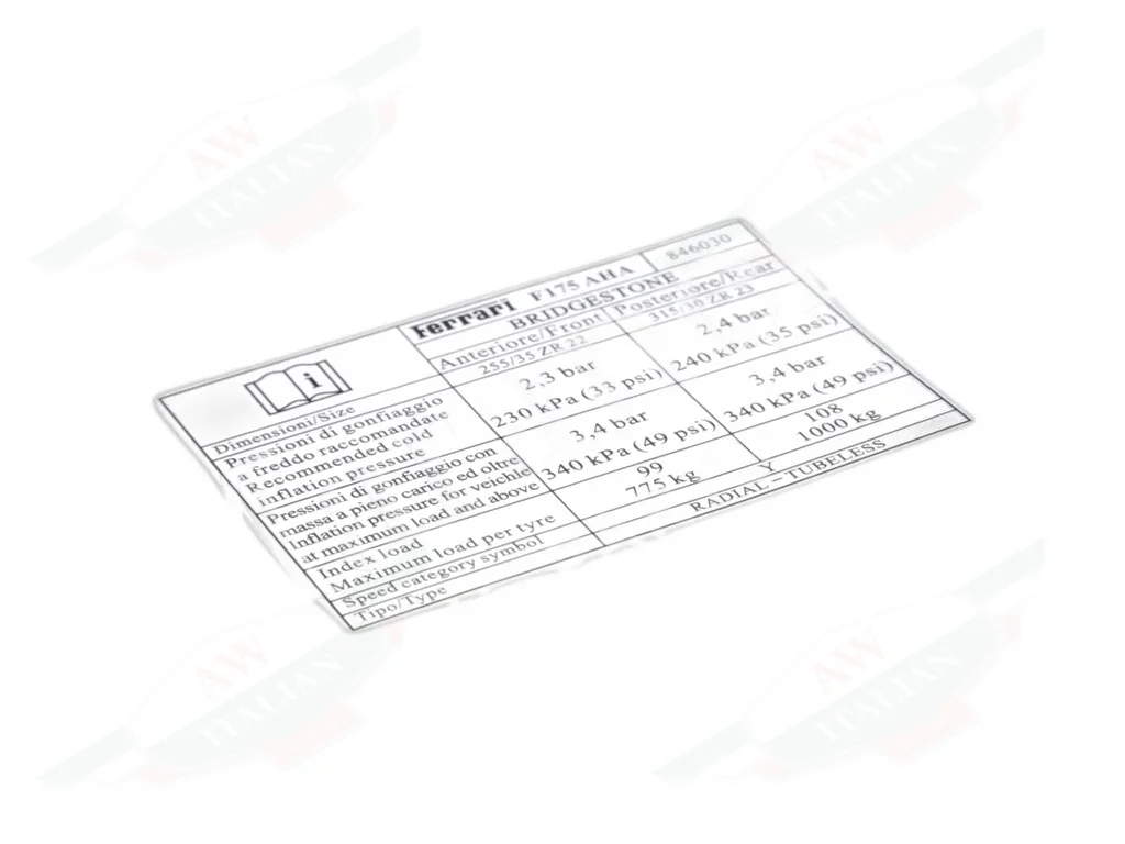 Ferrari Bridgestone Tyres Pressure Label - 846030