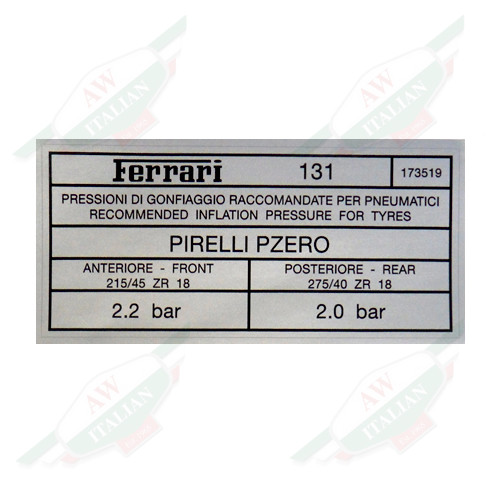 Ferrari Tyre Inflation Plate Pirelli - 173519
